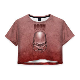 Женская футболка 3D укороченная с принтом Демон (Doom classic) в Тюмени, 100% полиэстер | круглая горловина, длина футболки до линии талии, рукава с отворотами | розовый | скелет | череп