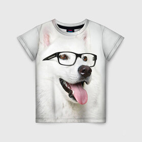 Детская футболка 3D с принтом Собака в очках в Тюмени, 100% гипоаллергенный полиэфир | прямой крой, круглый вырез горловины, длина до линии бедер, чуть спущенное плечо, ткань немного тянется | домашнее | животное | очки | пес | прикол | собака в очках | умный | ученый