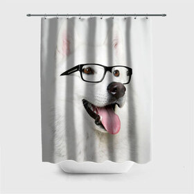 Штора 3D для ванной с принтом Собака в очках в Тюмени, 100% полиэстер | плотность материала — 100 г/м2. Стандартный размер — 146 см х 180 см. По верхнему краю — пластиковые люверсы для креплений. В комплекте 10 пластиковых колец | домашнее | животное | очки | пес | прикол | собака в очках | умный | ученый