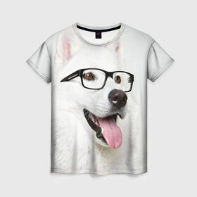 Женская футболка 3D с принтом Собака в очках в Тюмени, 100% полиэфир ( синтетическое хлопкоподобное полотно) | прямой крой, круглый вырез горловины, длина до линии бедер | домашнее | животное | очки | пес | прикол | собака в очках | умный | ученый