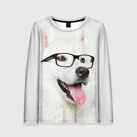 Женский лонгслив 3D с принтом Собака в очках в Тюмени, 100% полиэстер | длинные рукава, круглый вырез горловины, полуприлегающий силуэт | домашнее | животное | очки | пес | прикол | собака в очках | умный | ученый