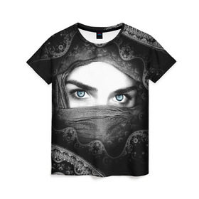 Женская футболка 3D с принтом Восточная девушка в Тюмени, 100% полиэфир ( синтетическое хлопкоподобное полотно) | прямой крой, круглый вырез горловины, длина до линии бедер | взгляд | восточная девушка | глаза | красивая | никаб | орнамент | узоры | хиджаб
