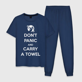 Мужская пижама хлопок с принтом Dont panic в Тюмени, 100% хлопок | брюки и футболка прямого кроя, без карманов, на брюках мягкая резинка на поясе и по низу штанин
 | автостопом по галактике