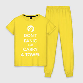Женская пижама хлопок с принтом Dont panic в Тюмени, 100% хлопок | брюки и футболка прямого кроя, без карманов, на брюках мягкая резинка на поясе и по низу штанин | Тематика изображения на принте: автостопом по галактике