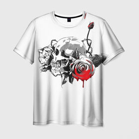 Мужская футболка 3D с принтом Череп с розами в Тюмени, 100% полиэфир | прямой крой, круглый вырез горловины, длина до линии бедер | готика | кровь | розы | череп | черно белое | шипы