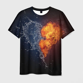 Мужская футболка 3D с принтом Water and flames heart в Тюмени, 100% полиэфир | прямой крой, круглый вырез горловины, длина до линии бедер | Тематика изображения на принте: вода | огонь огонь и вода | пар | прикольное | разное | сердце