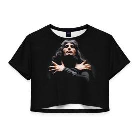 Женская футболка 3D укороченная с принтом Фредди Меркьюри в Тюмени, 100% полиэстер | круглая горловина, длина футболки до линии талии, рукава с отворотами | freddie mercury | queen. | автор песен | британский | вокалист | певец | рок группа | фредди меркьюри
