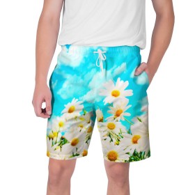 Мужские шорты 3D с принтом Ромашки в Тюмени,  полиэстер 100% | прямой крой, два кармана без застежек по бокам. Мягкая трикотажная резинка на поясе, внутри которой широкие завязки. Длина чуть выше колен | весна | лето