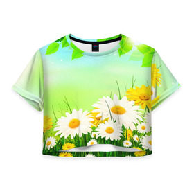 Женская футболка 3D укороченная с принтом Полевая ромашка в Тюмени, 100% полиэстер | круглая горловина, длина футболки до линии талии, рукава с отворотами | лето | цветы