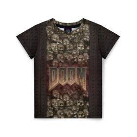 Детская футболка 3D с принтом Doom classik 2 в Тюмени, 100% гипоаллергенный полиэфир | прямой крой, круглый вырез горловины, длина до линии бедер, чуть спущенное плечо, ткань немного тянется | заклепки | метал | череп