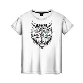 Женская футболка 3D с принтом Татуировка волка в Тюмени, 100% полиэфир ( синтетическое хлопкоподобное полотно) | прямой крой, круглый вырез горловины, длина до линии бедер | голова волка | животное тотема | тату волка