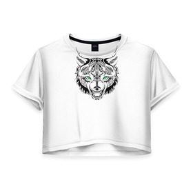 Женская футболка 3D укороченная с принтом Татуировка волка в Тюмени, 100% полиэстер | круглая горловина, длина футболки до линии талии, рукава с отворотами | голова волка | животное тотема | тату волка