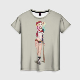 Женская футболка 3D с принтом Харли Квинн в Тюмени, 100% полиэфир ( синтетическое хлопкоподобное полотно) | прямой крой, круглый вырез горловины, длина до линии бедер | арлекин | бита | девушка | комикс | харли квинн