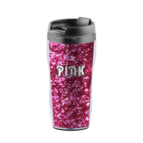 Термокружка-непроливайка с принтом Pink в Тюмени, внутренняя часть — пищевой пластик, наружная часть — прозрачный пластик, между ними — полиграфическая вставка с рисунком | объем — 350 мл, герметичная крышка | pink | гламур | девушка | розовый
