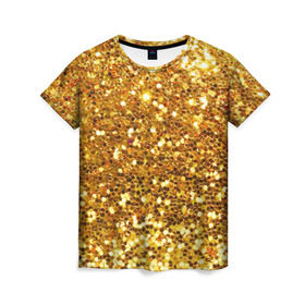 Женская футболка 3D с принтом Золотое мерцание в Тюмени, 100% полиэфир ( синтетическое хлопкоподобное полотно) | прямой крой, круглый вырез горловины, длина до линии бедер | зеркала | золотая россыпь | золото | золотое | мерцание | свет | яркий