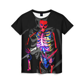 Женская футболка 3D с принтом Скелет в Тюмени, 100% полиэфир ( синтетическое хлопкоподобное полотно) | прямой крой, круглый вырез горловины, длина до линии бедер | bodyart | faceart | helloween | аквагрим | боди арт | бодиарт | замок | ключ | неоновый | свет | сердце | скелет | фейсарт | хэллоуин | череп