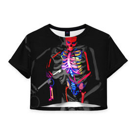 Женская футболка 3D укороченная с принтом Скелет в Тюмени, 100% полиэстер | круглая горловина, длина футболки до линии талии, рукава с отворотами | Тематика изображения на принте: bodyart | faceart | helloween | аквагрим | боди арт | бодиарт | замок | ключ | неоновый | свет | сердце | скелет | фейсарт | хэллоуин | череп