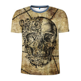 Мужская футболка 3D спортивная с принтом Skull & Chains в Тюмени, 100% полиэстер с улучшенными характеристиками | приталенный силуэт, круглая горловина, широкие плечи, сужается к линии бедра | красивый | крутой | рисунок | узор | цепи | череп