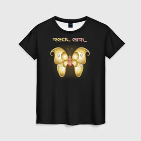 Женская футболка 3D с принтом Real girl в Тюмени, 100% полиэфир ( синтетическое хлопкоподобное полотно) | прямой крой, круглый вырез горловины, длина до линии бедер | girl | бабочка | бриллианты | девушка