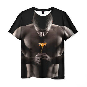 Мужская футболка 3D с принтом Цветок в Тюмени, 100% полиэфир | прямой крой, круглый вырез горловины, длина до линии бедер | Тематика изображения на принте: культурист | мужчина | мышцы | парень | подарок | спортсмен | цветок