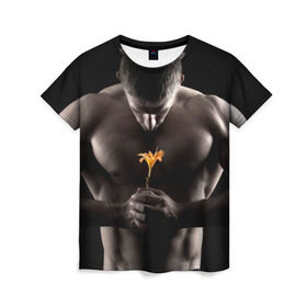 Женская футболка 3D с принтом Цветок в Тюмени, 100% полиэфир ( синтетическое хлопкоподобное полотно) | прямой крой, круглый вырез горловины, длина до линии бедер | культурист | мужчина | мышцы | парень | подарок | спортсмен | цветок