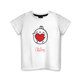 Детская футболка хлопок с принтом Кролик Моланг (сердце) в Тюмени, 100% хлопок | круглый вырез горловины, полуприлегающий силуэт, длина до линии бедер | Тематика изображения на принте: molang | каваи | кролик | любовь | моланг | сердце