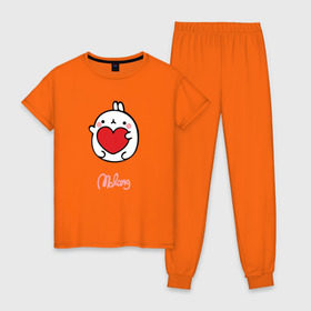 Женская пижама хлопок с принтом Кролик Моланг (сердце) в Тюмени, 100% хлопок | брюки и футболка прямого кроя, без карманов, на брюках мягкая резинка на поясе и по низу штанин | molang | каваи | кролик | любовь | моланг | сердце