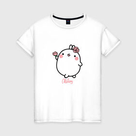 Женская футболка хлопок с принтом Кролик Моланг (цветы) в Тюмени, 100% хлопок | прямой крой, круглый вырез горловины, длина до линии бедер, слегка спущенное плечо | molang | каваи | кролик | моланг | няша | цветы