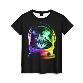 Женская футболка 3D с принтом Кот космонавт в Тюмени, 100% полиэфир ( синтетическое хлопкоподобное полотно) | прямой крой, круглый вырез горловины, длина до линии бедер | астронавт | звезды | космокот | космонавт | космос | кот | радуга