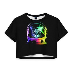 Женская футболка 3D укороченная с принтом Кот космонавт в Тюмени, 100% полиэстер | круглая горловина, длина футболки до линии талии, рукава с отворотами | астронавт | звезды | космокот | космонавт | космос | кот | радуга