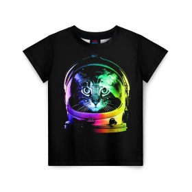 Детская футболка 3D с принтом Кот космонавт в Тюмени, 100% гипоаллергенный полиэфир | прямой крой, круглый вырез горловины, длина до линии бедер, чуть спущенное плечо, ткань немного тянется | астронавт | звезды | космокот | космонавт | космос | кот | радуга