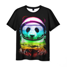 Мужская футболка 3D с принтом Панда космонавт в Тюмени, 100% полиэфир | прямой крой, круглый вырез горловины, длина до линии бедер | астронавт | звезды | космонавт | космос | панда | радуга