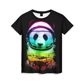 Женская футболка 3D с принтом Панда космонавт в Тюмени, 100% полиэфир ( синтетическое хлопкоподобное полотно) | прямой крой, круглый вырез горловины, длина до линии бедер | астронавт | звезды | космонавт | космос | панда | радуга