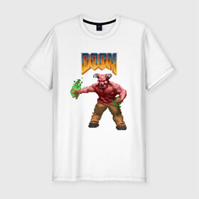 Мужская футболка премиум с принтом Минотавр (Doom) пиксель-арт в Тюмени, 92% хлопок, 8% лайкра | приталенный силуэт, круглый вырез ворота, длина до линии бедра, короткий рукав | 