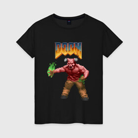 Женская футболка хлопок с принтом Минотавр (Doom) пиксель-арт в Тюмени, 100% хлопок | прямой крой, круглый вырез горловины, длина до линии бедер, слегка спущенное плечо | 