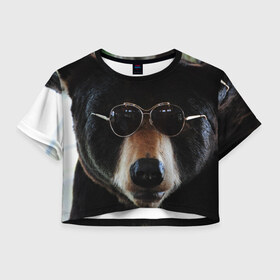 Женская футболка 3D укороченная с принтом Медведь в очках в Тюмени, 100% полиэстер | круглая горловина, длина футболки до линии талии, рукава с отворотами | животное | медведь | новая | очки | природа | стильная