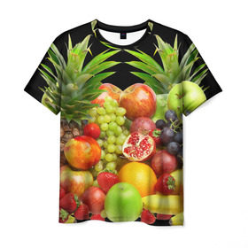 Мужская футболка 3D с принтом Фрукты в Тюмени, 100% полиэфир | прямой крой, круглый вырез горловины, длина до линии бедер | ананас | апельсин | арбуз | банан | виноград | гранат | груша | клубника | фрукты | яблоко | ягоды