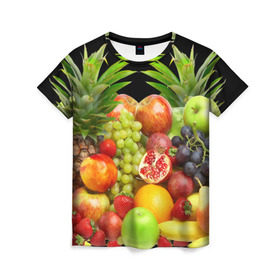 Женская футболка 3D с принтом Фрукты в Тюмени, 100% полиэфир ( синтетическое хлопкоподобное полотно) | прямой крой, круглый вырез горловины, длина до линии бедер | ананас | апельсин | арбуз | банан | виноград | гранат | груша | клубника | фрукты | яблоко | ягоды