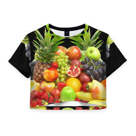 Женская футболка 3D укороченная с принтом Фрукты в Тюмени, 100% полиэстер | круглая горловина, длина футболки до линии талии, рукава с отворотами | ананас | апельсин | арбуз | банан | виноград | гранат | груша | клубника | фрукты | яблоко | ягоды