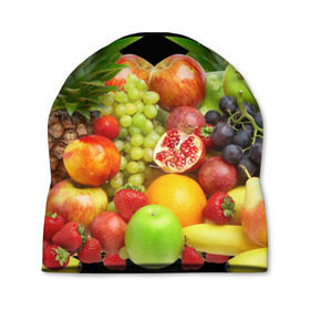 Шапка 3D с принтом Фрукты в Тюмени, 100% полиэстер | универсальный размер, печать по всей поверхности изделия | ананас | апельсин | арбуз | банан | виноград | гранат | груша | клубника | фрукты | яблоко | ягоды