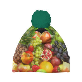 Шапка 3D c помпоном с принтом Фрукты в Тюмени, 100% полиэстер | универсальный размер, печать по всей поверхности изделия | ананас | апельсин | арбуз | банан | виноград | гранат | груша | клубника | фрукты | яблоко | ягоды