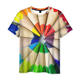 Мужская футболка 3D с принтом Карандаши в Тюмени, 100% полиэфир | прямой крой, круглый вырез горловины, длина до линии бедер | Тематика изображения на принте: карандаш | радуга | разноцветная | цветная