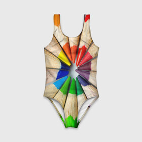 Детский купальник 3D с принтом Карандаши в Тюмени, Полиэстер 85%, Спандекс 15% | Слитный крой, подклад по переду изделия, узкие бретели | Тематика изображения на принте: карандаш | радуга | разноцветная | цветная