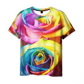 Мужская футболка 3D с принтом Радужная роза в Тюмени, 100% полиэфир | прямой крой, круглый вырез горловины, длина до линии бедер | бутон | лепестки | радуга | радужная роза | спектр | цвет | цветные | яркий
