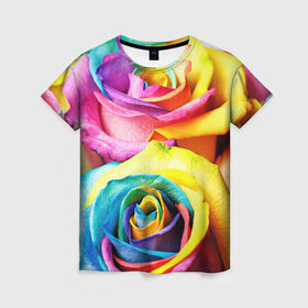 Женская футболка 3D с принтом Радужная роза в Тюмени, 100% полиэфир ( синтетическое хлопкоподобное полотно) | прямой крой, круглый вырез горловины, длина до линии бедер | бутон | лепестки | радуга | радужная роза | спектр | цвет | цветные | яркий