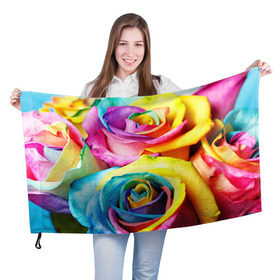 Флаг 3D с принтом Радужная роза в Тюмени, 100% полиэстер | плотность ткани — 95 г/м2, размер — 67 х 109 см. Принт наносится с одной стороны | бутон | лепестки | радуга | радужная роза | спектр | цвет | цветные | яркий