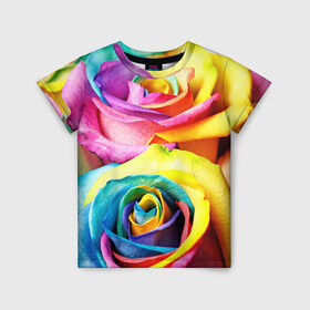 Детская футболка 3D с принтом Радужная роза в Тюмени, 100% гипоаллергенный полиэфир | прямой крой, круглый вырез горловины, длина до линии бедер, чуть спущенное плечо, ткань немного тянется | Тематика изображения на принте: бутон | лепестки | радуга | радужная роза | спектр | цвет | цветные | яркий