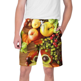 Мужские шорты 3D с принтом Фрукты в Тюмени,  полиэстер 100% | прямой крой, два кармана без застежек по бокам. Мягкая трикотажная резинка на поясе, внутри которой широкие завязки. Длина чуть выше колен | зелень | натюрморт | плоды | фрукты | яблоки | ягоды