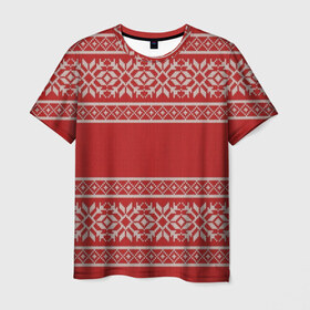 Мужская футболка 3D с принтом Вязанный принт в Тюмени, 100% полиэфир | прямой крой, круглый вырез горловины, длина до линии бедер | Тематика изображения на принте: вышивка | красная | свитер | узор