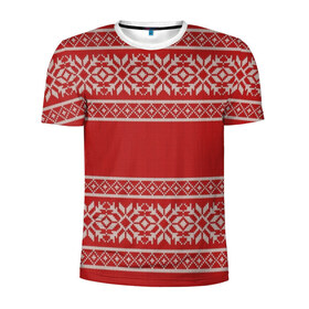 Мужская футболка 3D спортивная с принтом Вязанный принт в Тюмени, 100% полиэстер с улучшенными характеристиками | приталенный силуэт, круглая горловина, широкие плечи, сужается к линии бедра | вышивка | красная | свитер | узор